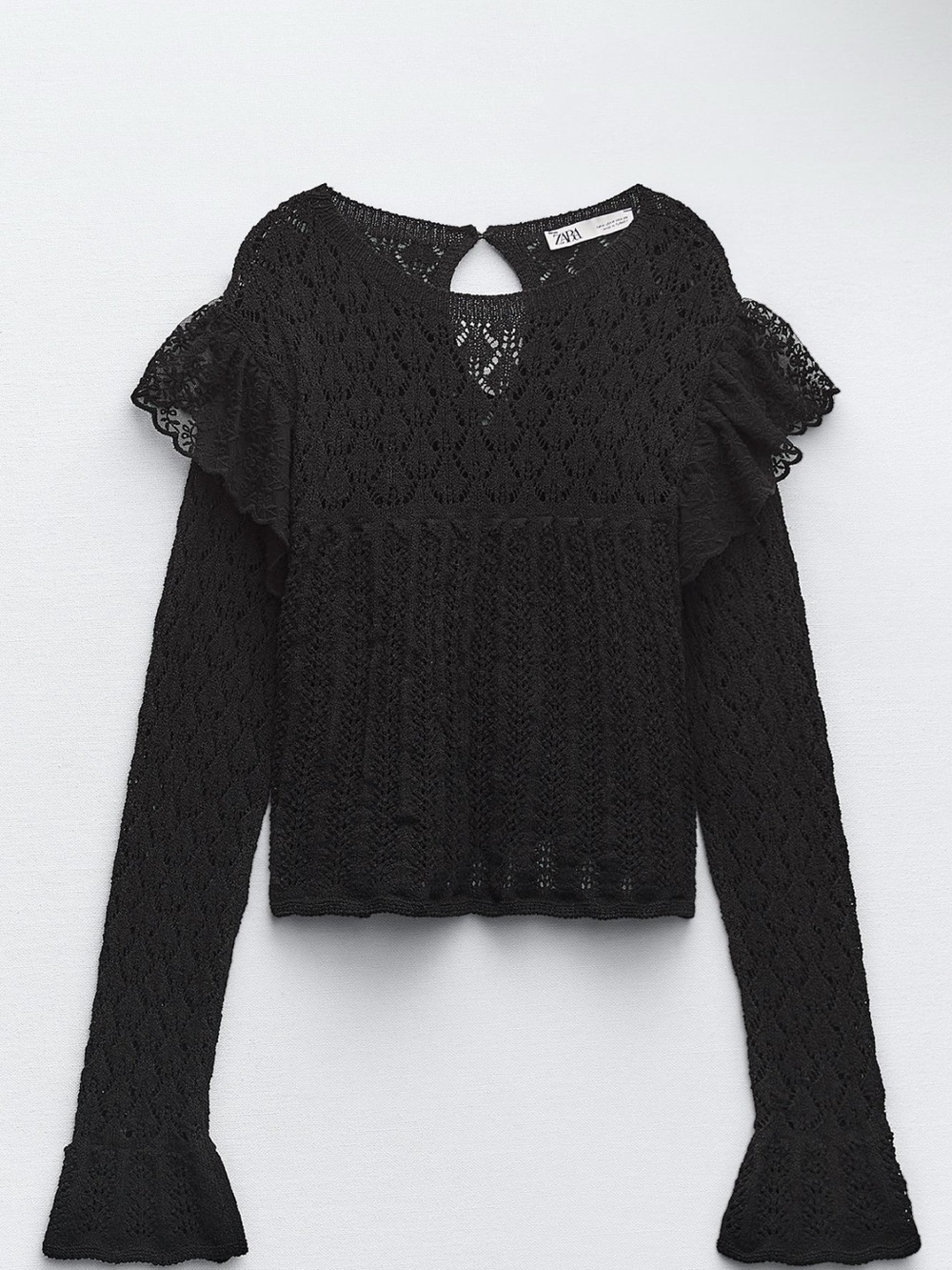 Zara Black Crochet and Lace Ruffle Long Sleeve Top